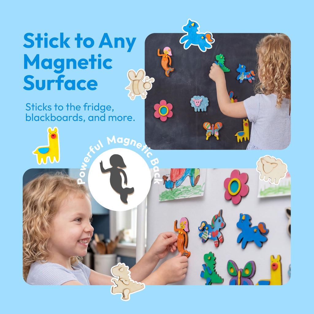 JOYIN 12-Piece Wooden Magnet Painting Kit for Kids – DIY Arts & Crafts Set with Paint and Glitter Glue