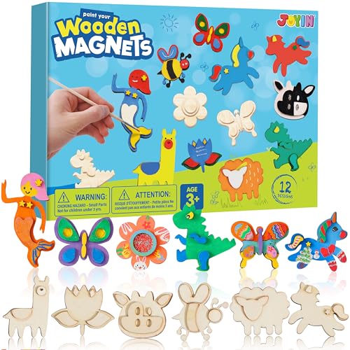 JOYIN 12-Piece Wooden Magnet Painting Kit for Kids – DIY Arts & Crafts Set with Paint and Glitter Glue