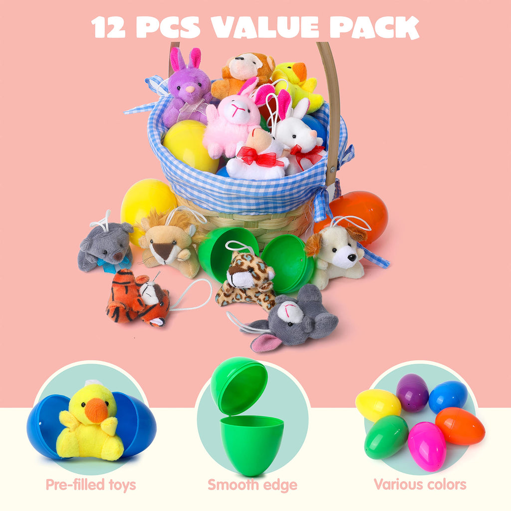 JOYIN 12 Prefilled Easter Eggs with 12 Different Mini Plush Animals for Kids Ages 3-10