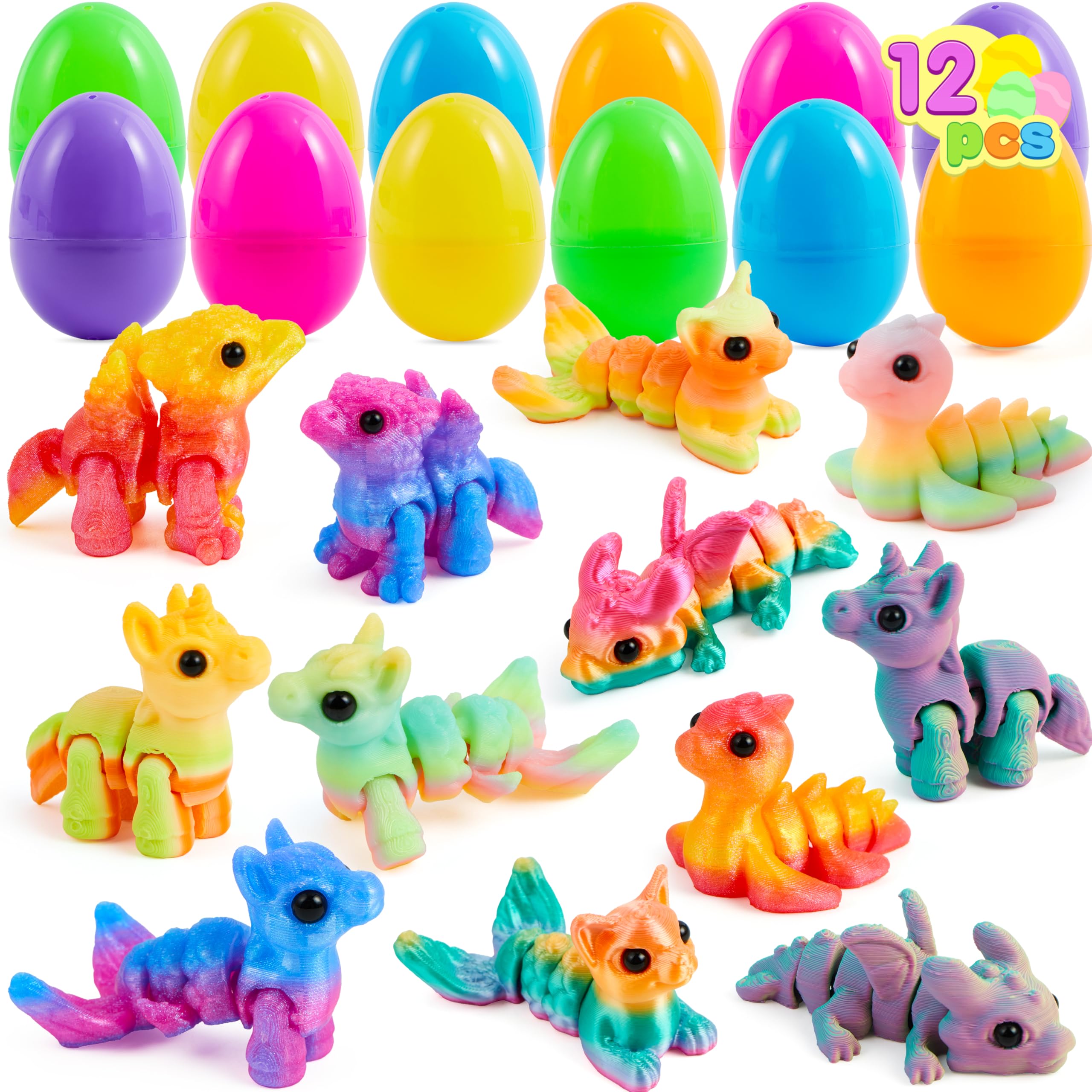 JOYIN 12 Prefilled Easter Eggs with 3D Printed Articulated Fantasy Animals - Party Favors, Basket Stuffers, Classroom Prizes