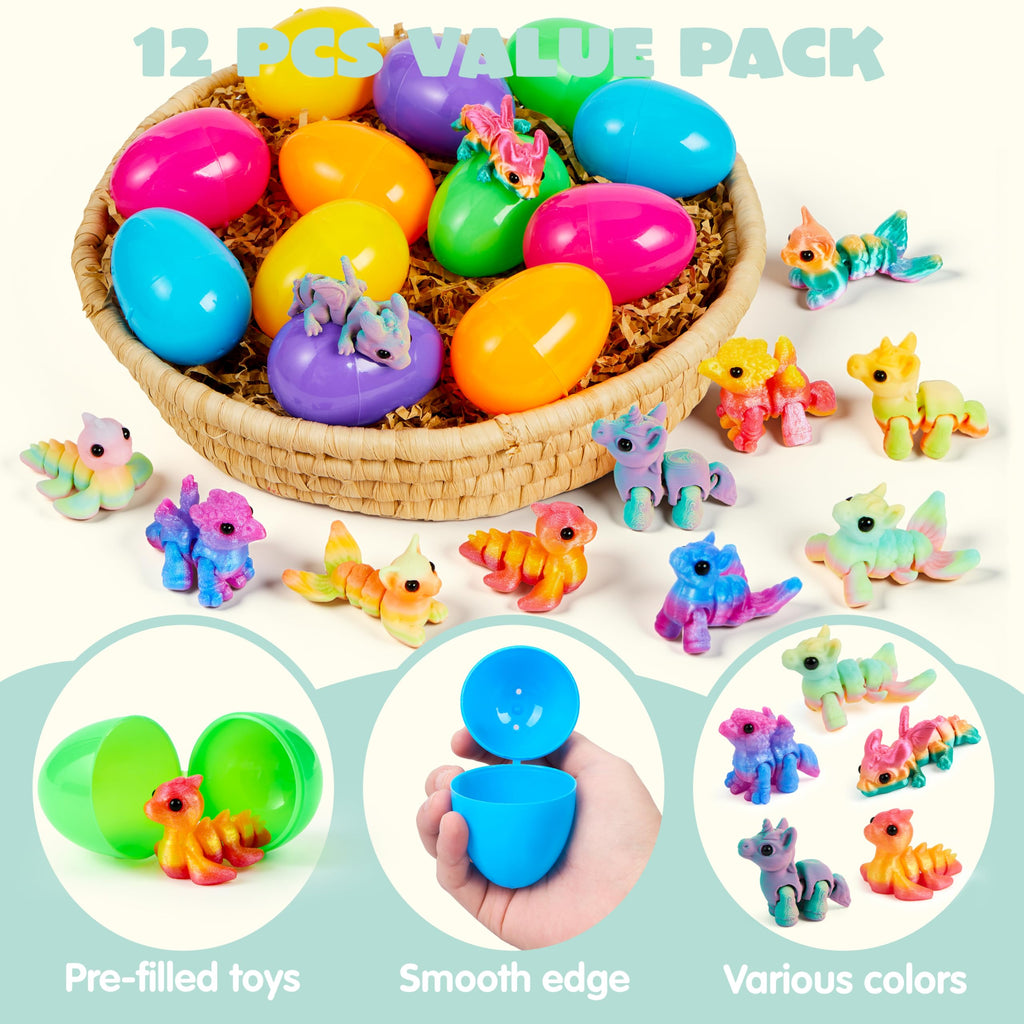 JOYIN 12 Prefilled Easter Eggs with 3D Printed Articulated Fantasy Animals - Party Favors, Basket Stuffers, Classroom Prizes