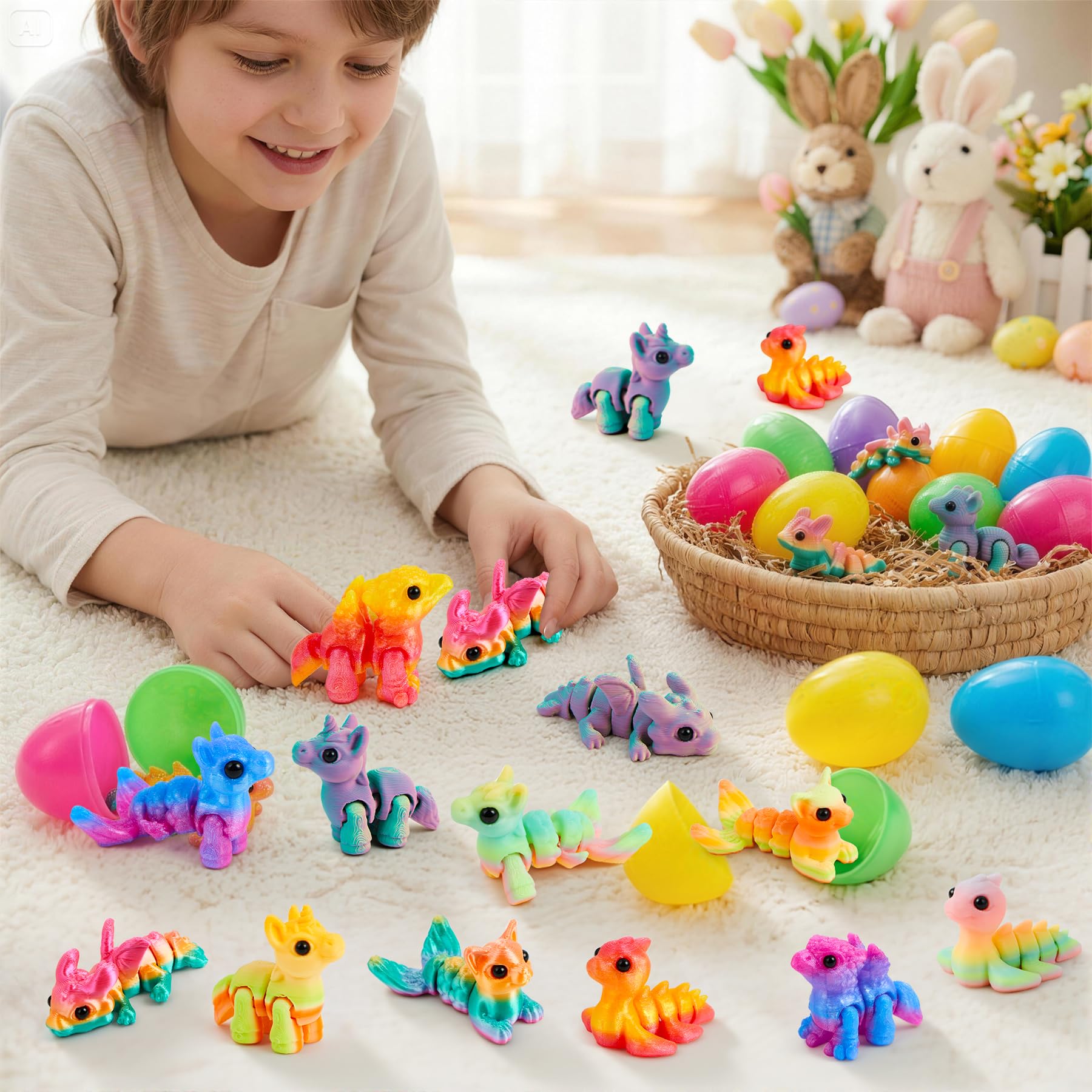 JOYIN 12 Prefilled Easter Eggs with 3D Printed Articulated Fantasy Animals - Party Favors, Basket Stuffers, Classroom Prizes