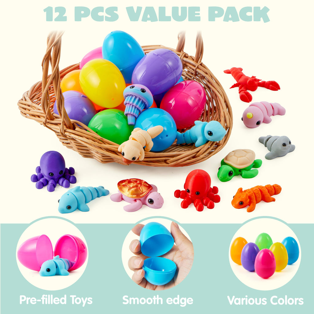 JOYIN 12 Prefilled Easter Eggs with Articulated Mini Sea Animals – 3D Printed Toys for Ages 8+