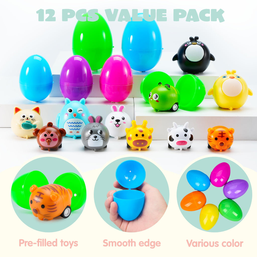 JOYIN 12 Prefilled Plastic Easter Eggs with Animal Pullback Cars - Easter Basket Stuffers, Party Favors for Kids