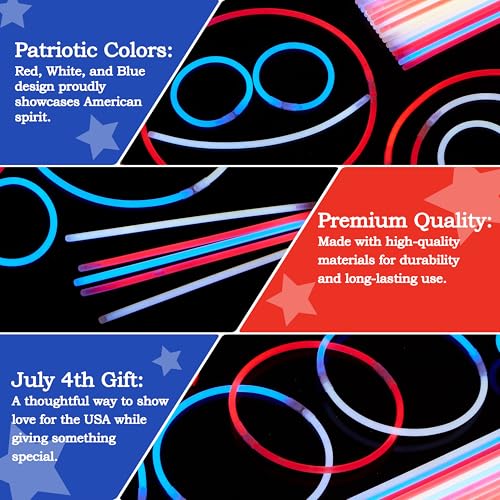 JOYIN 162-Piece Patriotic Glow Sticks Set for 4th of July & 250th Anniversary – Red, White & Blue with Connectors