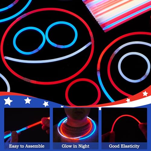JOYIN 162-Piece Patriotic Glow Sticks Set for 4th of July & 250th Anniversary – Red, White & Blue with Connectors