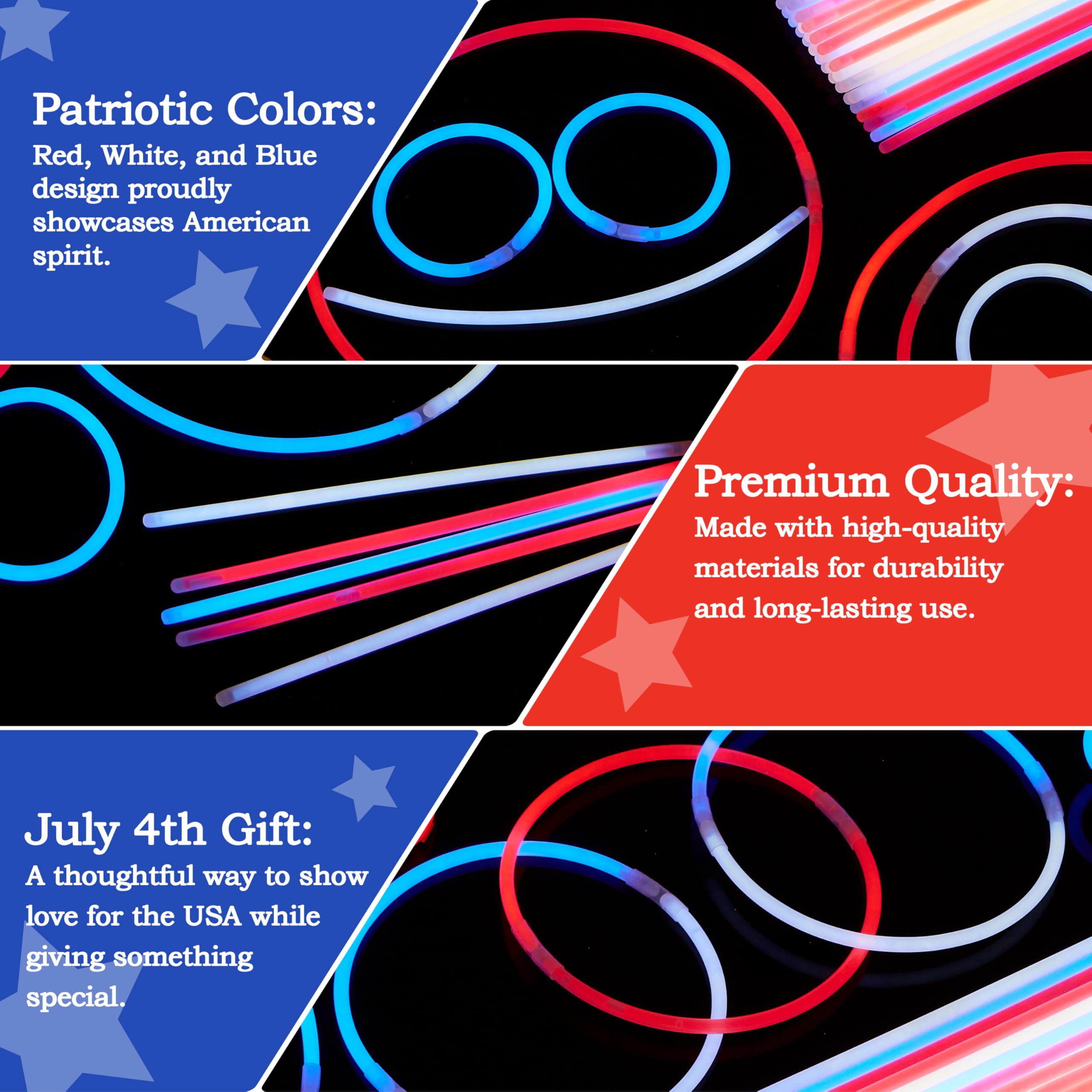 JOYIN 162-Piece Patriotic Glow Sticks Set for 4th of July & 250th Anniversary – Red, White & Blue with Connectors