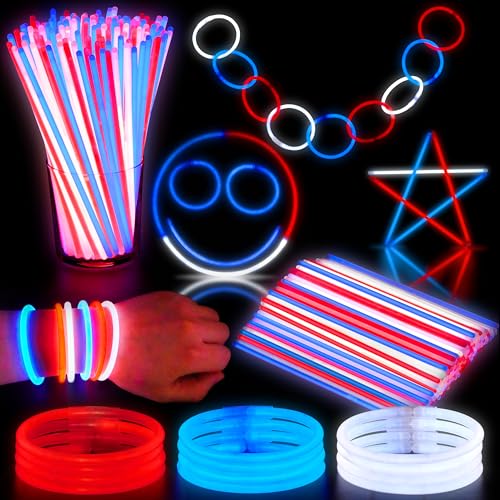 JOYIN 162-Piece Patriotic Glow Sticks Set for 4th of July & 250th Anniversary – Red, White & Blue with Connectors