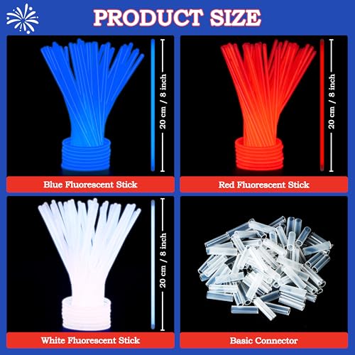 JOYIN 162-Piece Patriotic Glow Sticks Set for 4th of July & 250th Anniversary – Red, White & Blue with Connectors