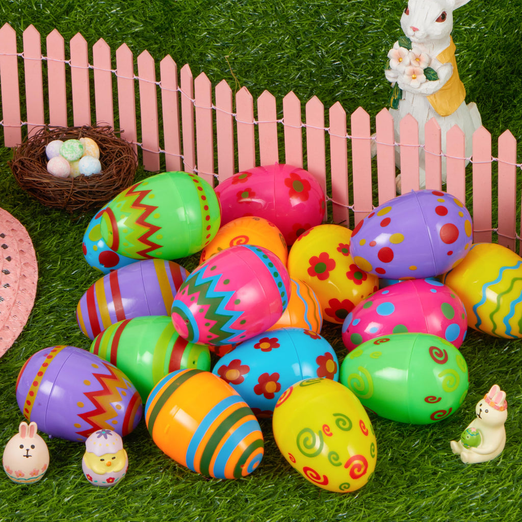 JOYIN 18-Pack Fillable Plastic Easter Eggs - Bright Printed 3.15-Inch Eggs for Hunts and Party Favors