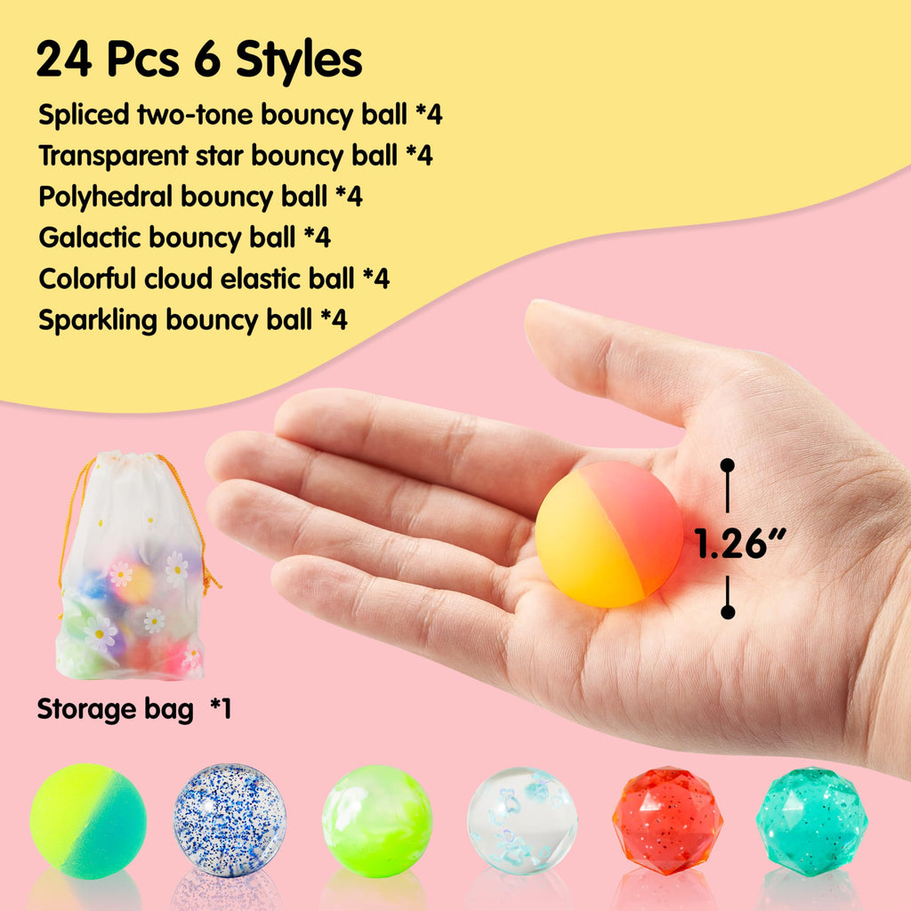 JOYIN 24-Pack Bouncy Balls - 6 Styles, 1.26 Inch Rubber Balls for Party Favors & Prizes