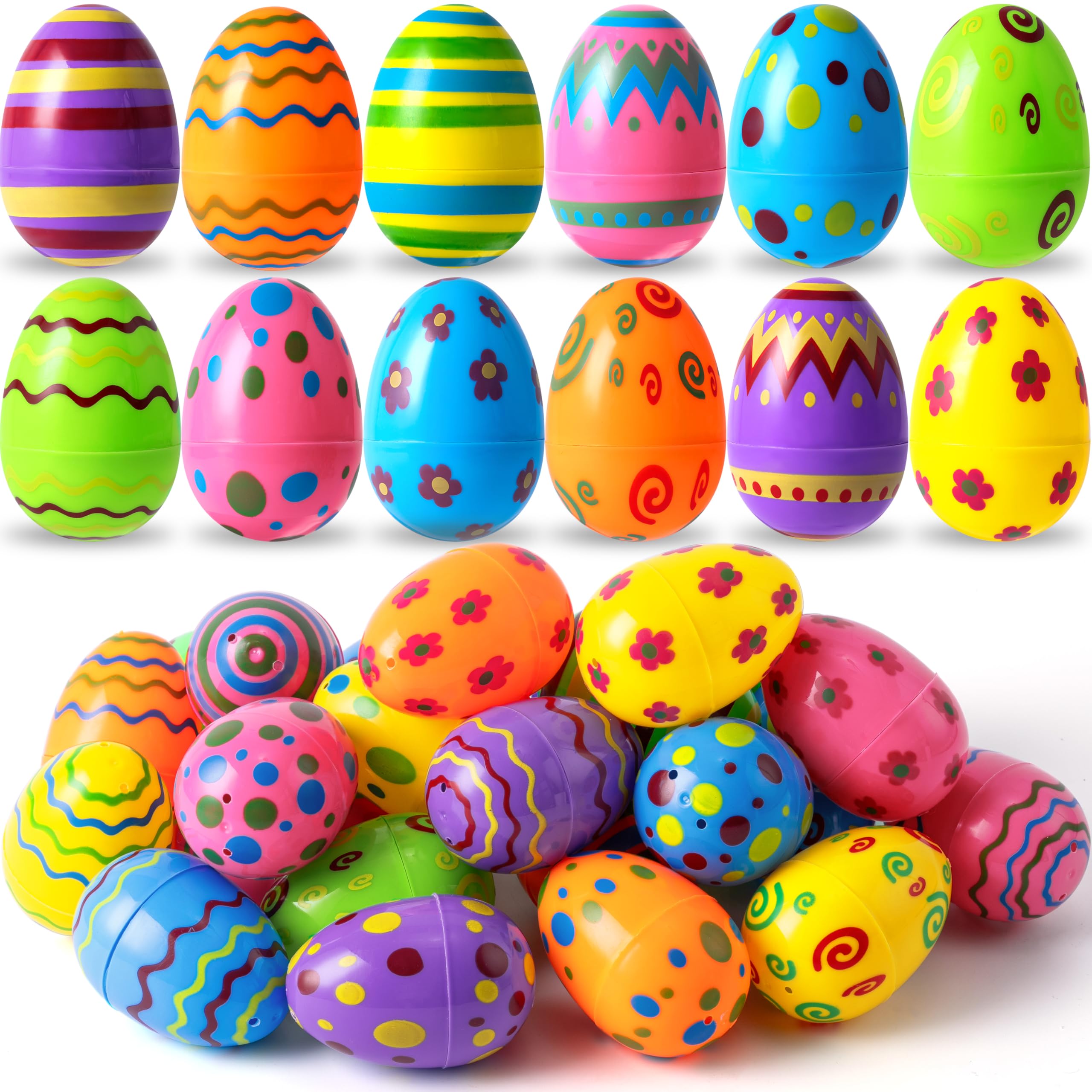 JOYIN 24-Pack Bright Plastic Easter Eggs – Fillable 3.15-Inch Printed Eggs for Hunts, Baskets, Classroom Prizes, and Party Favors