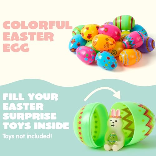 JOYIN 24-Pack Bright Plastic Easter Eggs – Fillable 3.15-Inch Printed Eggs for Hunts, Baskets, Classroom Prizes, and Party Favors