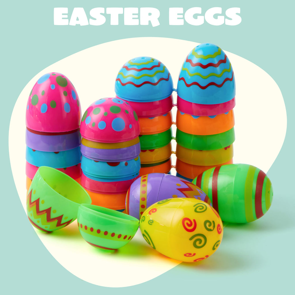 JOYIN 24-Pack Bright Plastic Easter Eggs – Fillable 3.15-Inch Printed Eggs for Hunts, Baskets, Classroom Prizes, and Party Favors