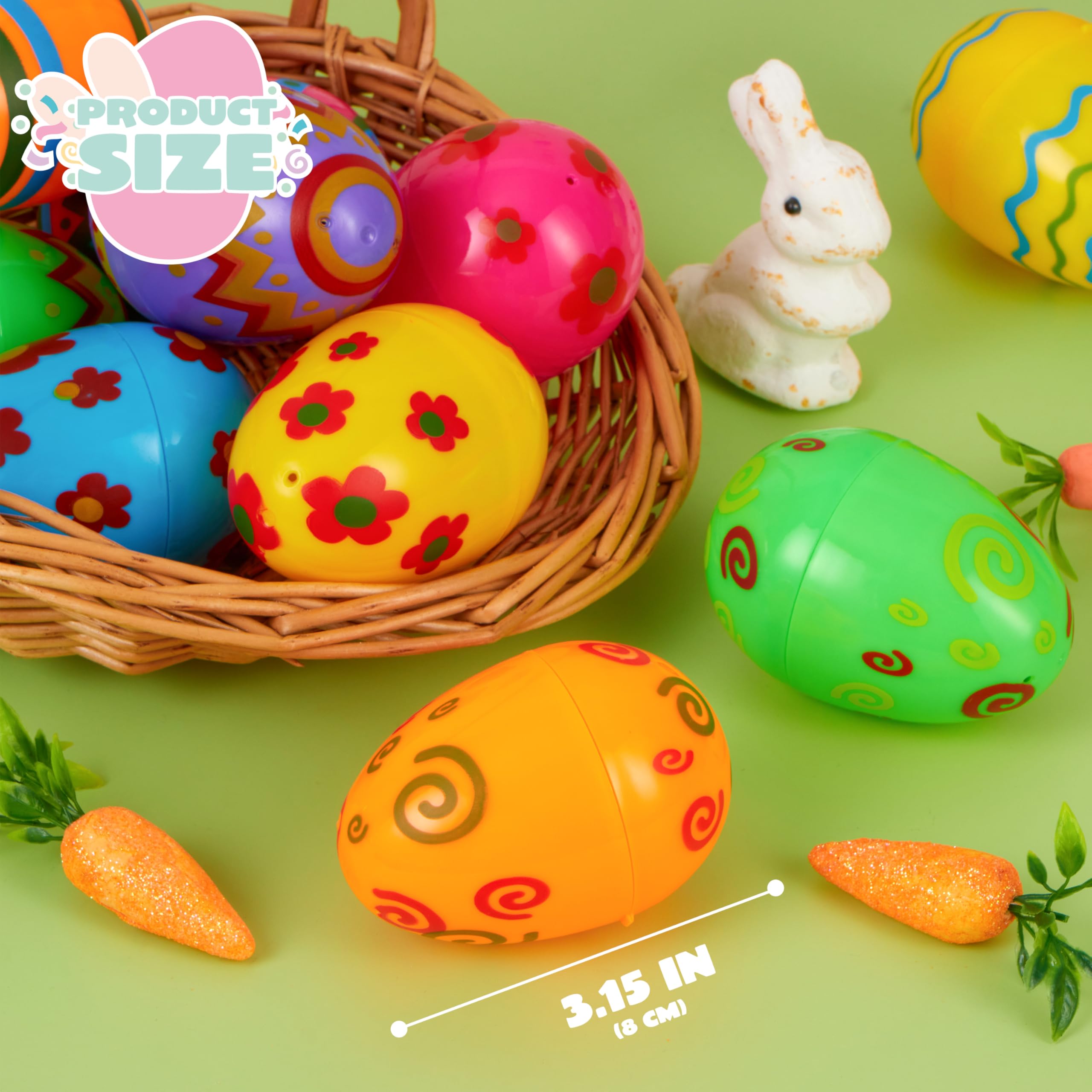 JOYIN 24-Pack Bright Plastic Easter Eggs – Fillable 3.15-Inch Printed Eggs for Hunts, Baskets, Classroom Prizes, and Party Favors