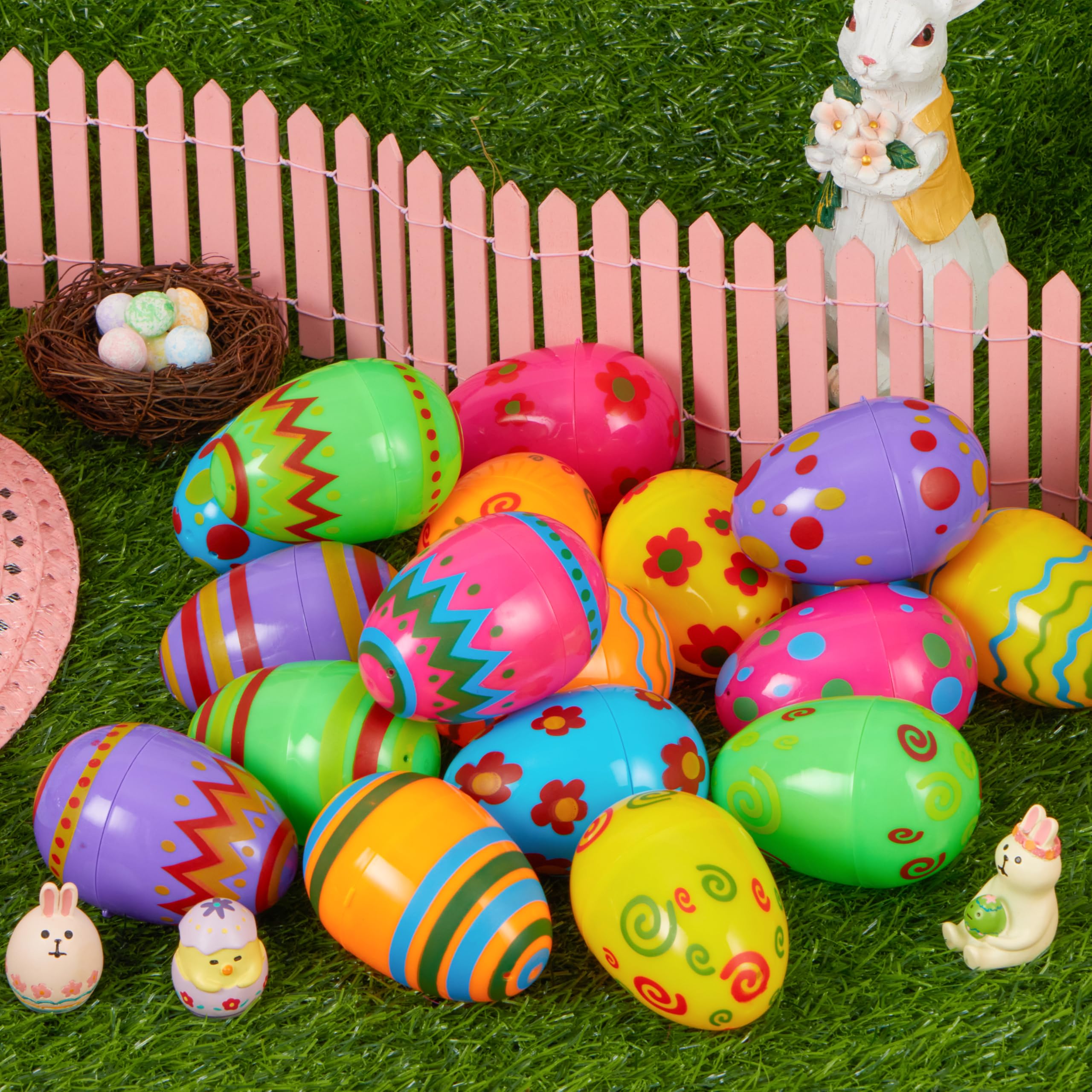 JOYIN 24-Pack Bright Plastic Easter Eggs – Fillable 3.15-Inch Printed Eggs for Hunts, Baskets, Classroom Prizes, and Party Favors