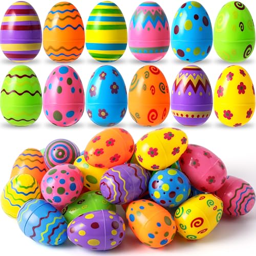 JOYIN 24-Pack Bright Plastic Easter Eggs – Fillable 3.15-Inch Printed Eggs for Hunts, Baskets, Classroom Prizes, and Party Favors