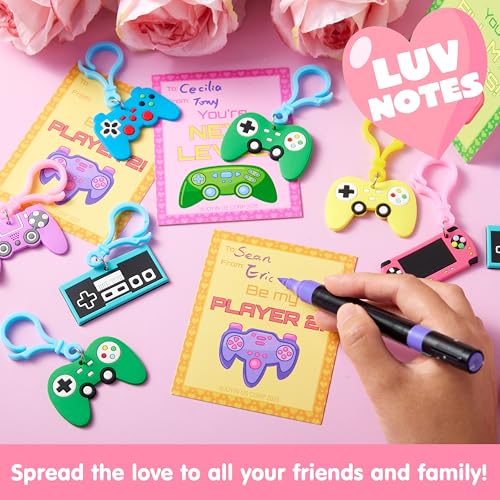 JOYIN 28-Piece Valentine's Day Gift Cards Set with Video Game Keychains – 7 Designs, Multi-Colored, Classroom Exchange Prizes