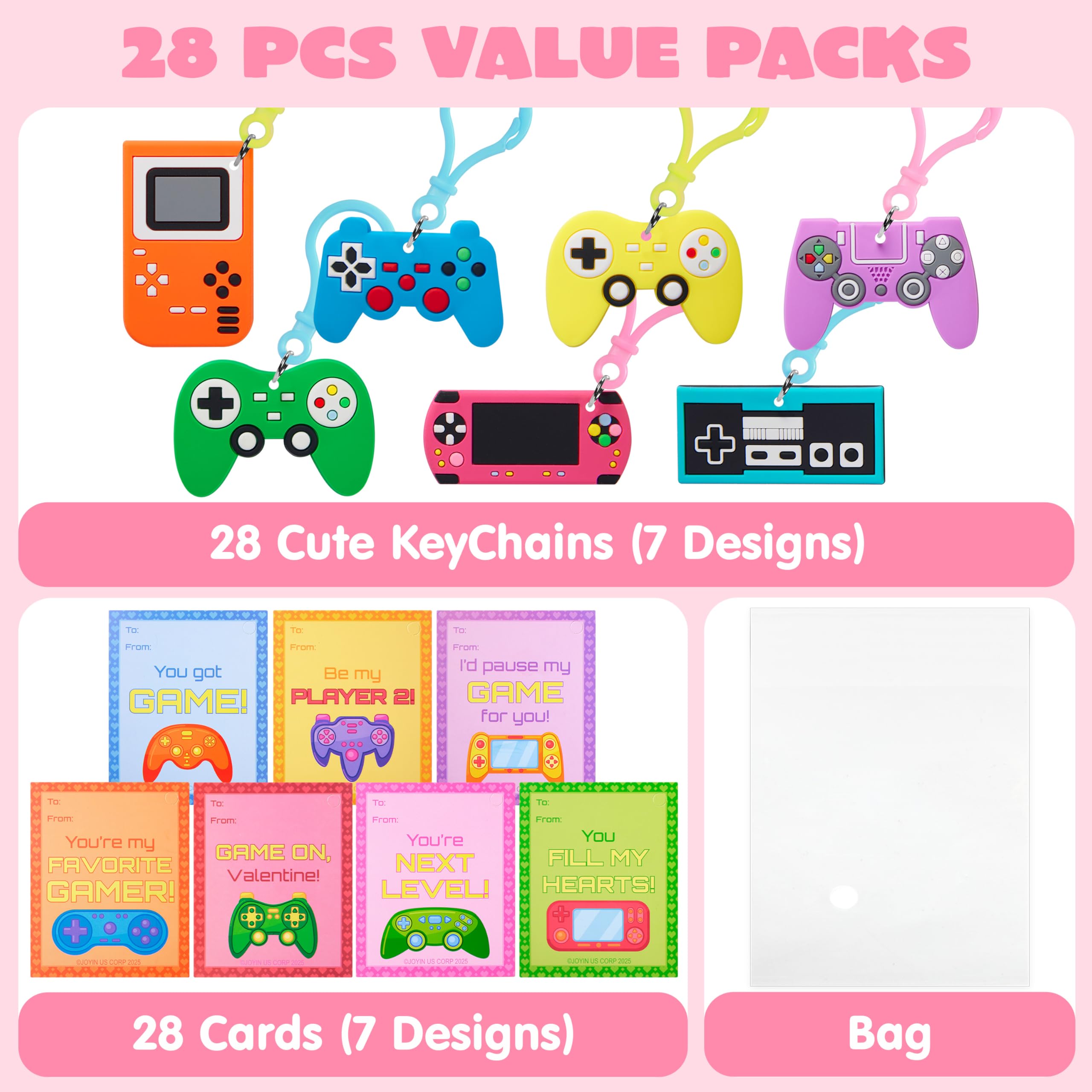 JOYIN 28-Piece Valentine's Day Gift Cards Set with Video Game Keychains – 7 Designs, Multi-Colored, Classroom Exchange Prizes