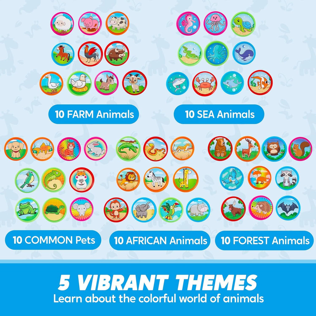 JOYIN 50 Animal Stamps for Kids - Farm, Sea, Pets, African & Forest Designs in Portable Case