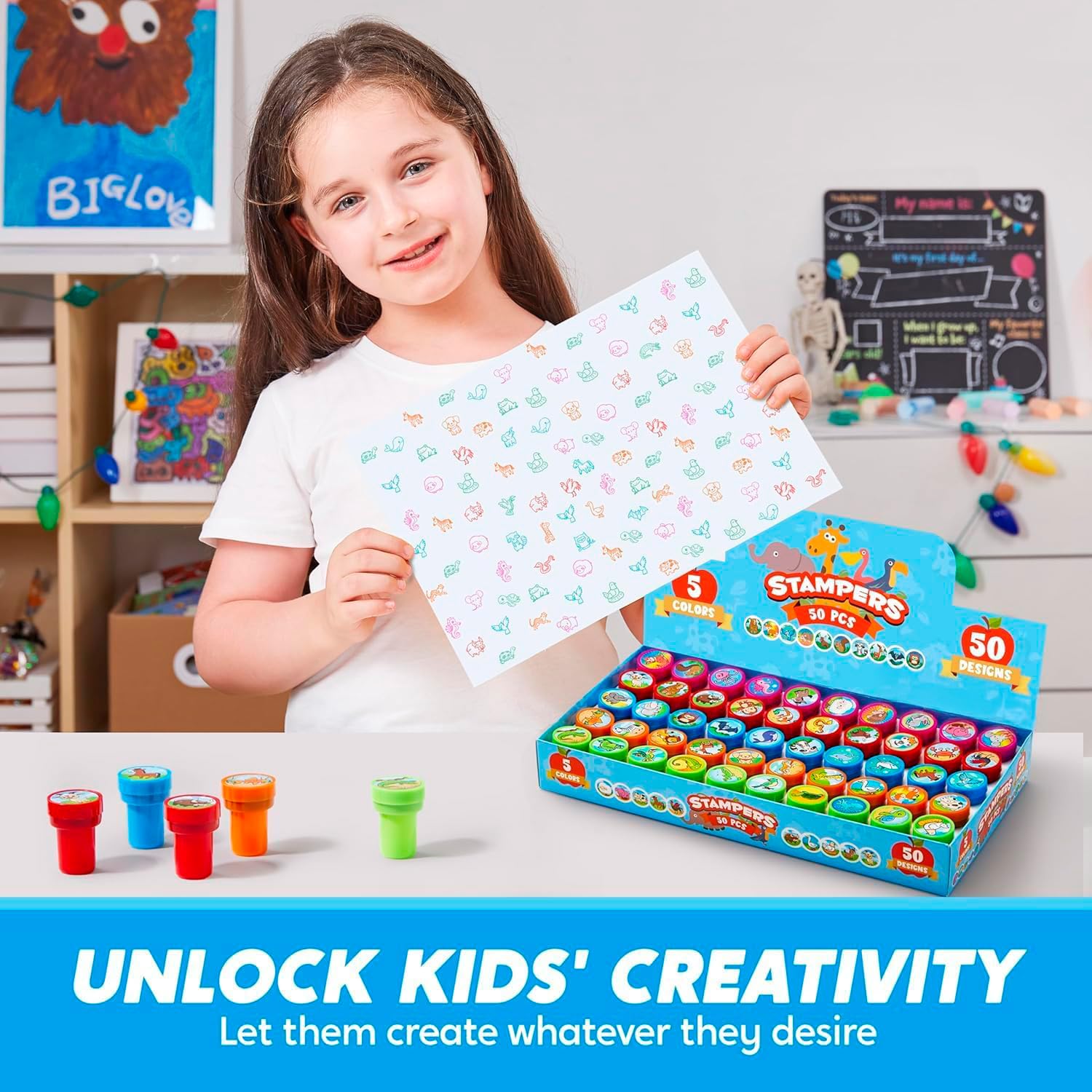 JOYIN 50 Animal Stamps for Kids - Farm, Sea, Pets, African & Forest Designs in Portable Case