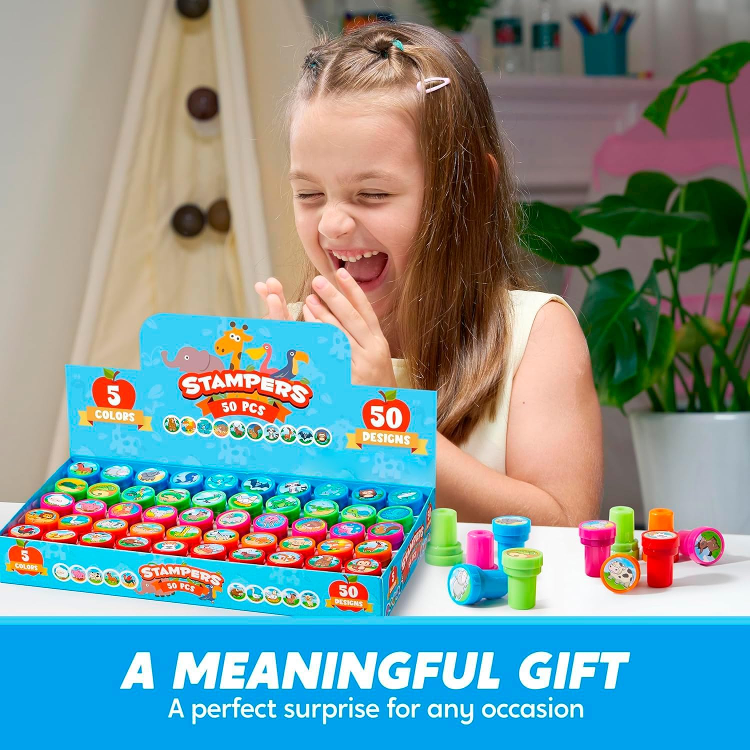 JOYIN 50 Animal Stamps for Kids - Farm, Sea, Pets, African & Forest Designs in Portable Case