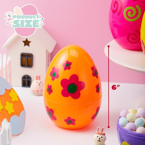 JOYIN 6-Pack Jumbo Printed Easter Eggs (6 Inches) Fillable Plastic Eggs for Hunts, Basket Stuffers, and Party Favors