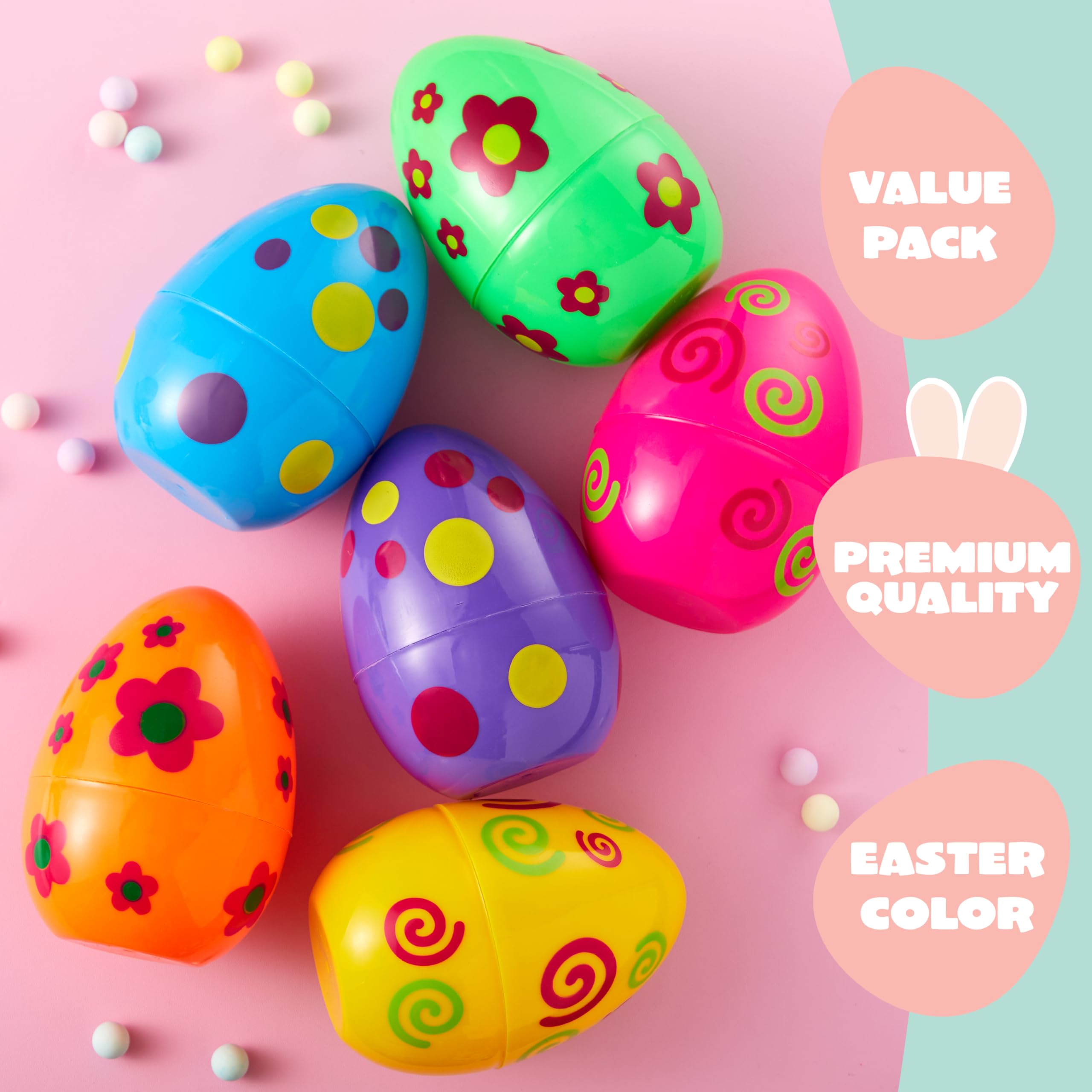 JOYIN 6-Pack Jumbo Printed Easter Eggs (6 Inches) Fillable Plastic Eggs for Hunts, Basket Stuffers, and Party Favors