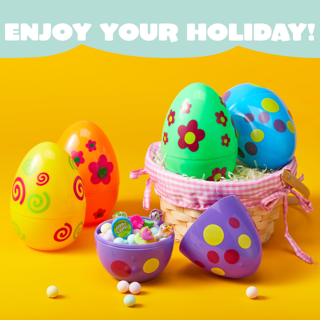 JOYIN 6-Pack Jumbo Printed Easter Eggs (6 Inches) Fillable Plastic Eggs for Hunts, Basket Stuffers, and Party Favors