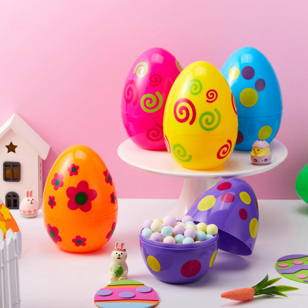JOYIN 6-Pack Jumbo Printed Easter Eggs (6 Inches) Fillable Plastic Eggs for Hunts, Basket Stuffers, and Party Favors