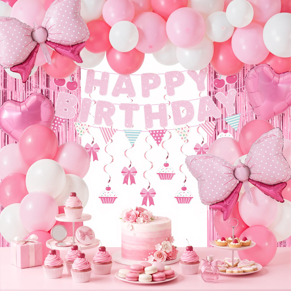 JOYIN 76-Piece Pink Birthday Party Decorations Set – Banner, Foil & Latex Balloons, Swirls, Tinsel Curtains for Girls Women Kids