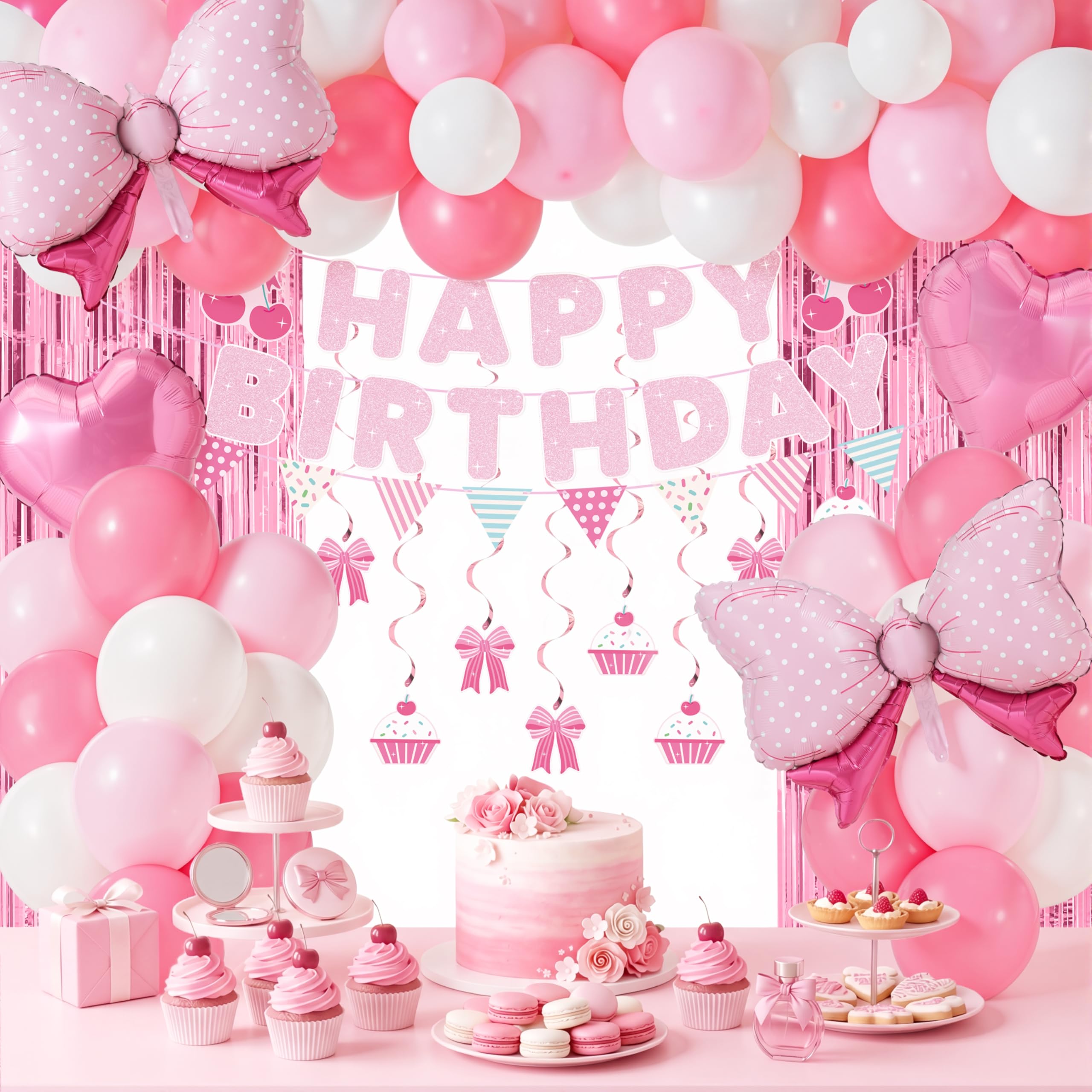 JOYIN 76-Piece Pink Birthday Party Decorations Set – Banner, Foil & Latex Balloons, Swirls, Tinsel Curtains for Girls Women Kids