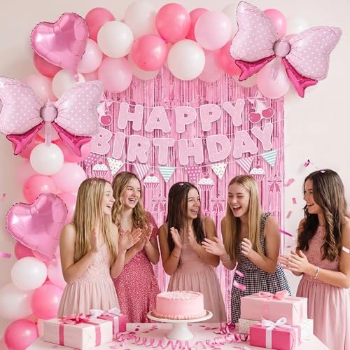 JOYIN 76-Piece Pink Birthday Party Decorations Set – Banner, Foil & Latex Balloons, Swirls, Tinsel Curtains for Girls Women Kids