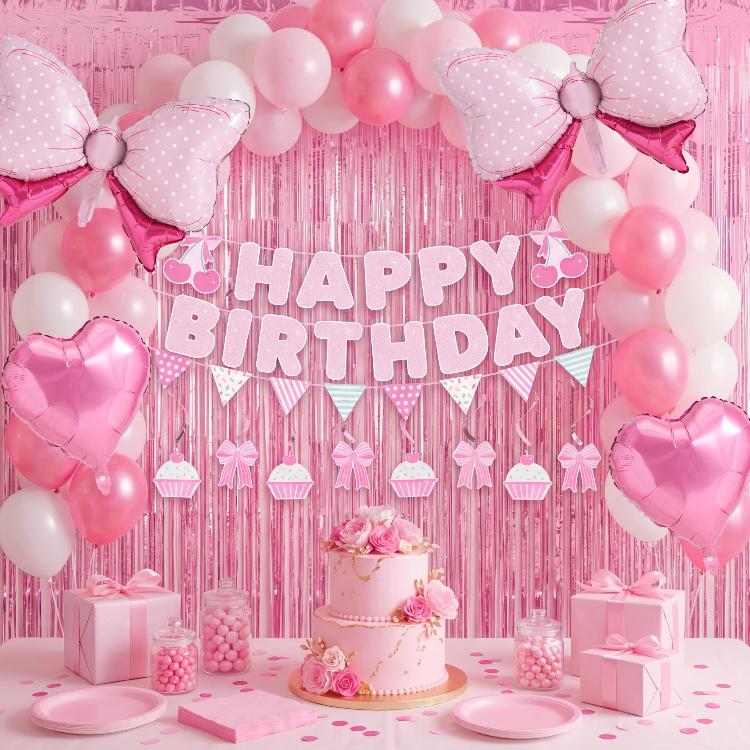 JOYIN 76-Piece Pink Birthday Party Decorations Set – Banner, Foil & Latex Balloons, Swirls, Tinsel Curtains for Girls Women Kids