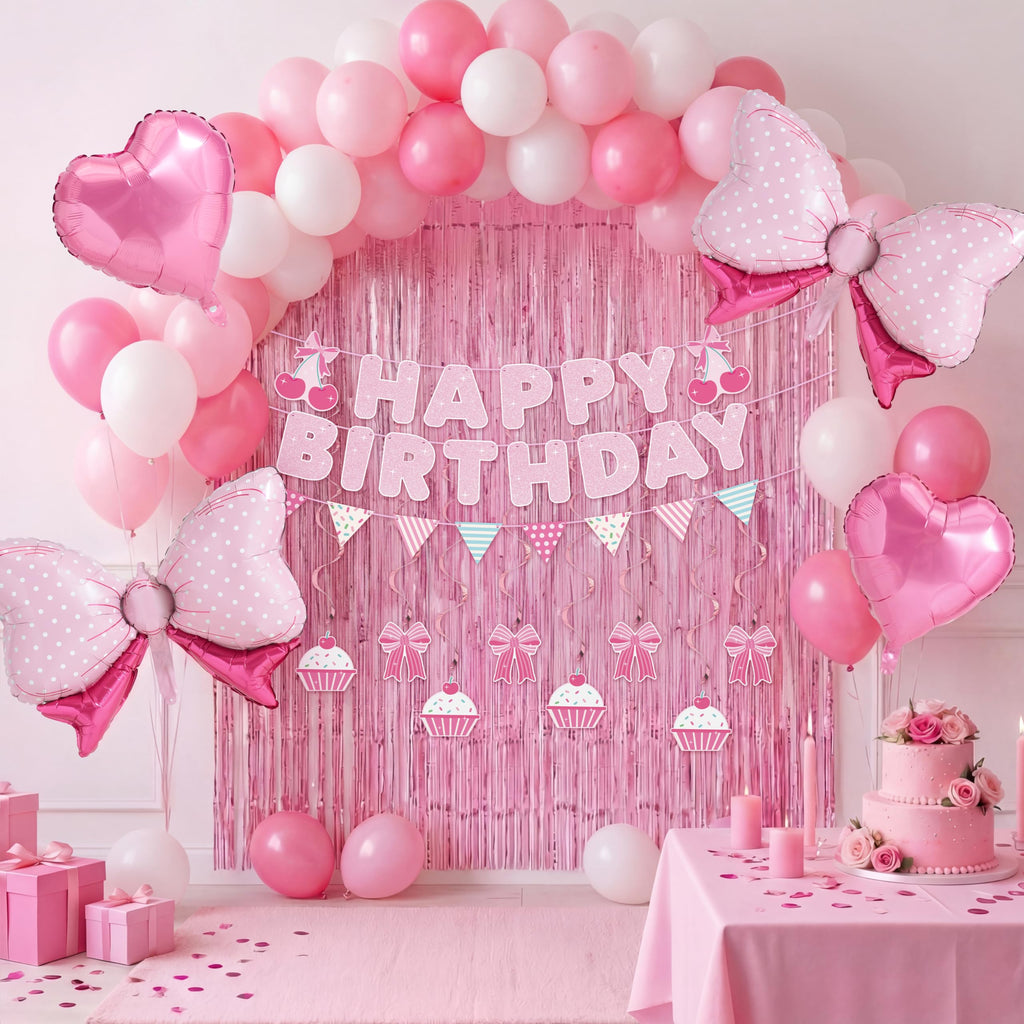 JOYIN 76-Piece Pink Birthday Party Decorations Set – Banner, Foil & Latex Balloons, Swirls, Tinsel Curtains for Girls Women Kids