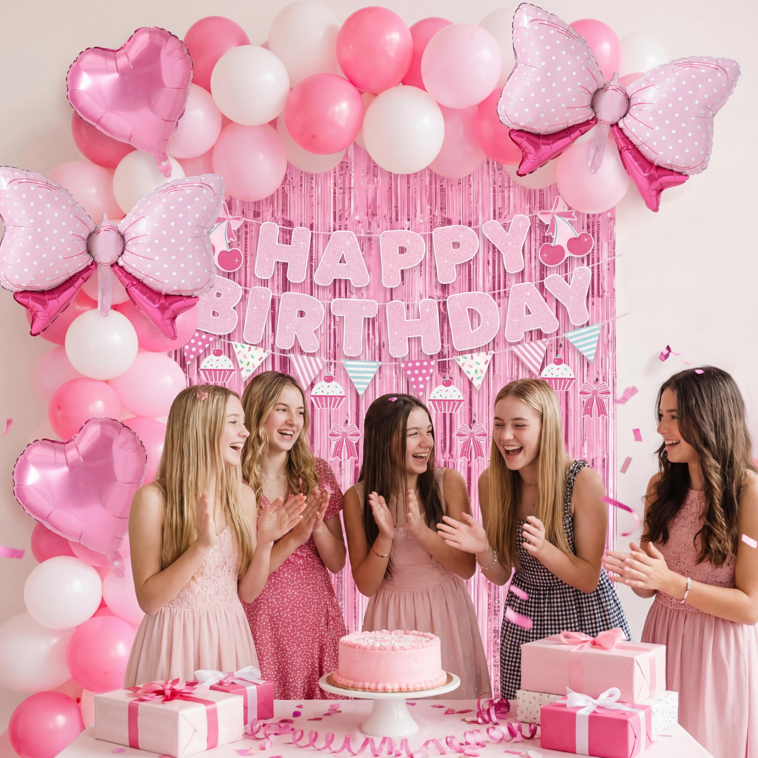 JOYIN 76-Piece Pink Birthday Party Decorations Set – Banner, Foil & Latex Balloons, Swirls, Tinsel Curtains for Girls Women Kids