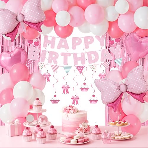 JOYIN 76-Piece Pink Birthday Party Decorations Set – Banner, Foil & Latex Balloons, Swirls, Tinsel Curtains for Girls Women Kids