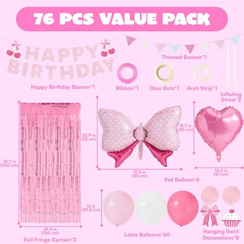 JOYIN 76-Piece Pink Birthday Party Decorations Set – Banner, Foil & Latex Balloons, Swirls, Tinsel Curtains for Girls Women Kids