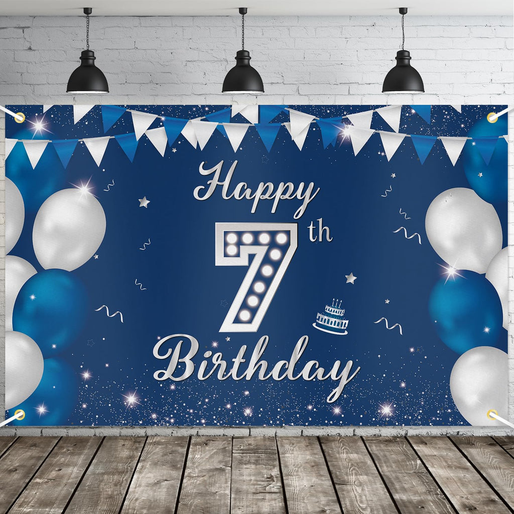 JOYKY Blue Silver Happy 7th Birthday Banner for Boys – 5.9 x 3.8 ft Polyester Decor with Copper Grommets