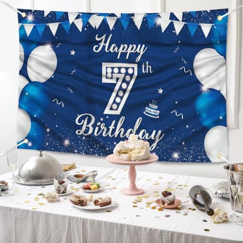 JOYKY Blue Silver Happy 7th Birthday Banner for Boys – 5.9 x 3.8 ft Polyester Decor with Copper Grommets