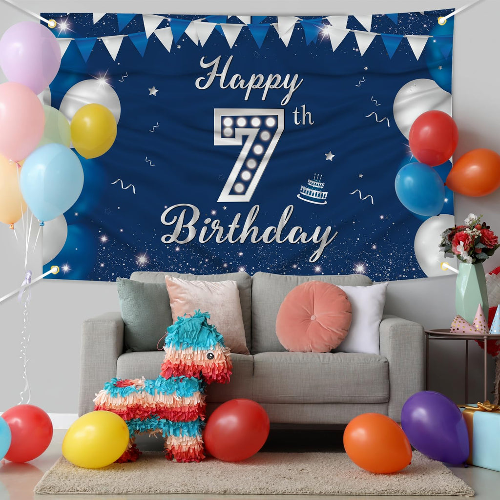 JOYKY Blue Silver Happy 7th Birthday Banner for Boys – 5.9 x 3.8 ft Polyester Decor with Copper Grommets