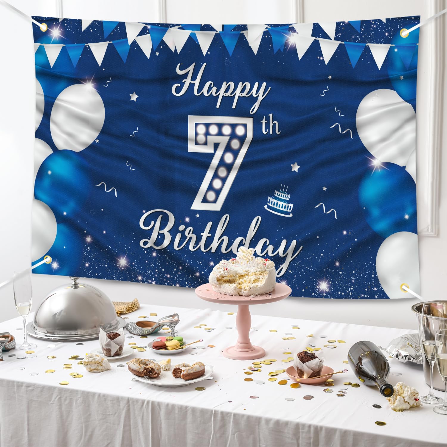 JOYKY Blue Silver Happy 7th Birthday Banner for Boys – 5.9 x 3.8 ft Polyester Decor with Copper Grommets