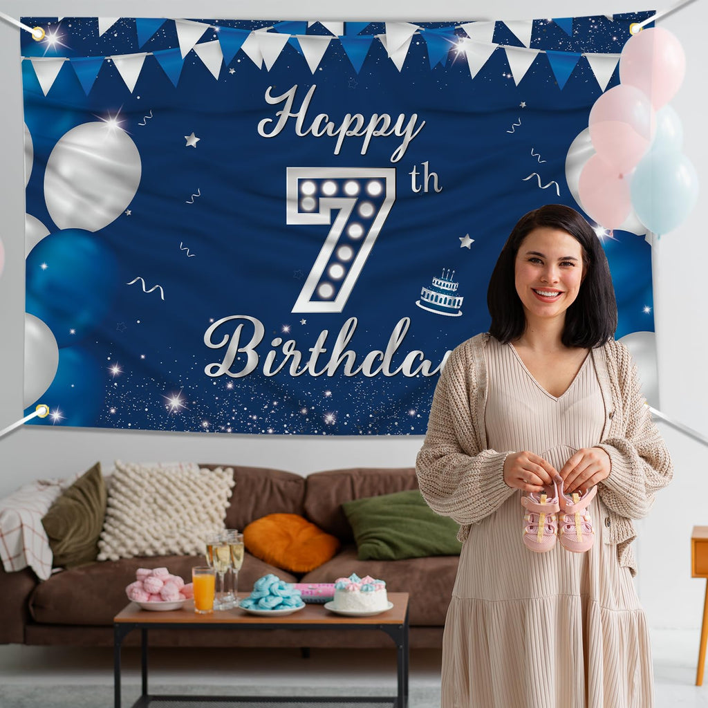 JOYKY Blue Silver Happy 7th Birthday Banner for Boys – 5.9 x 3.8 ft Polyester Decor with Copper Grommets