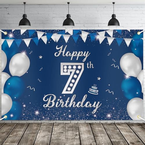 JOYKY Blue Silver Happy 7th Birthday Banner for Boys – 5.9 x 3.8 ft Polyester Decor with Copper Grommets
