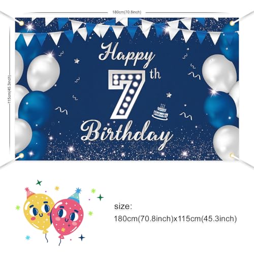 JOYKY Blue Silver Happy 7th Birthday Banner for Boys – 5.9 x 3.8 ft Polyester Decor with Copper Grommets
