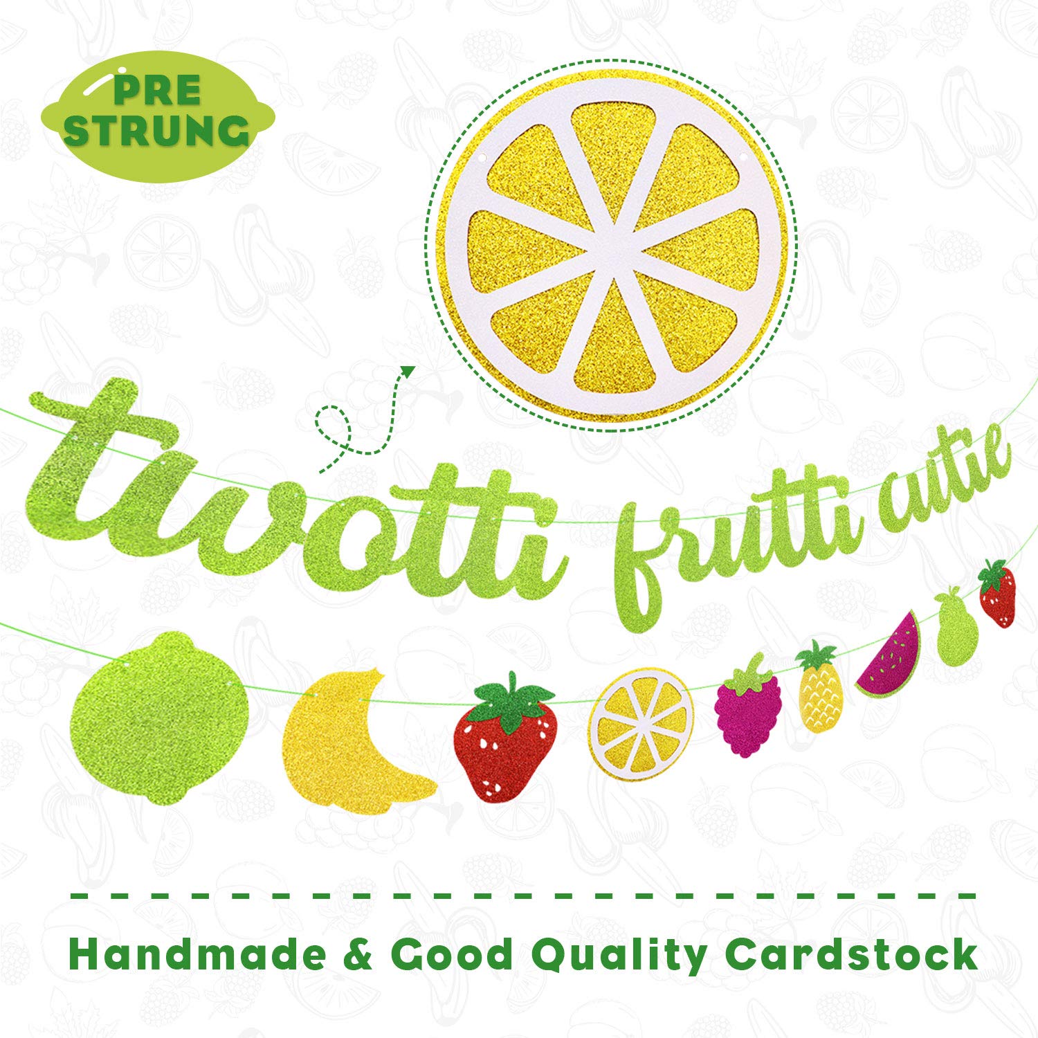 Joymee Twotti Fruit Party Banner Set - Green Glitter 2nd Birthday Decorations with Fruit Garland