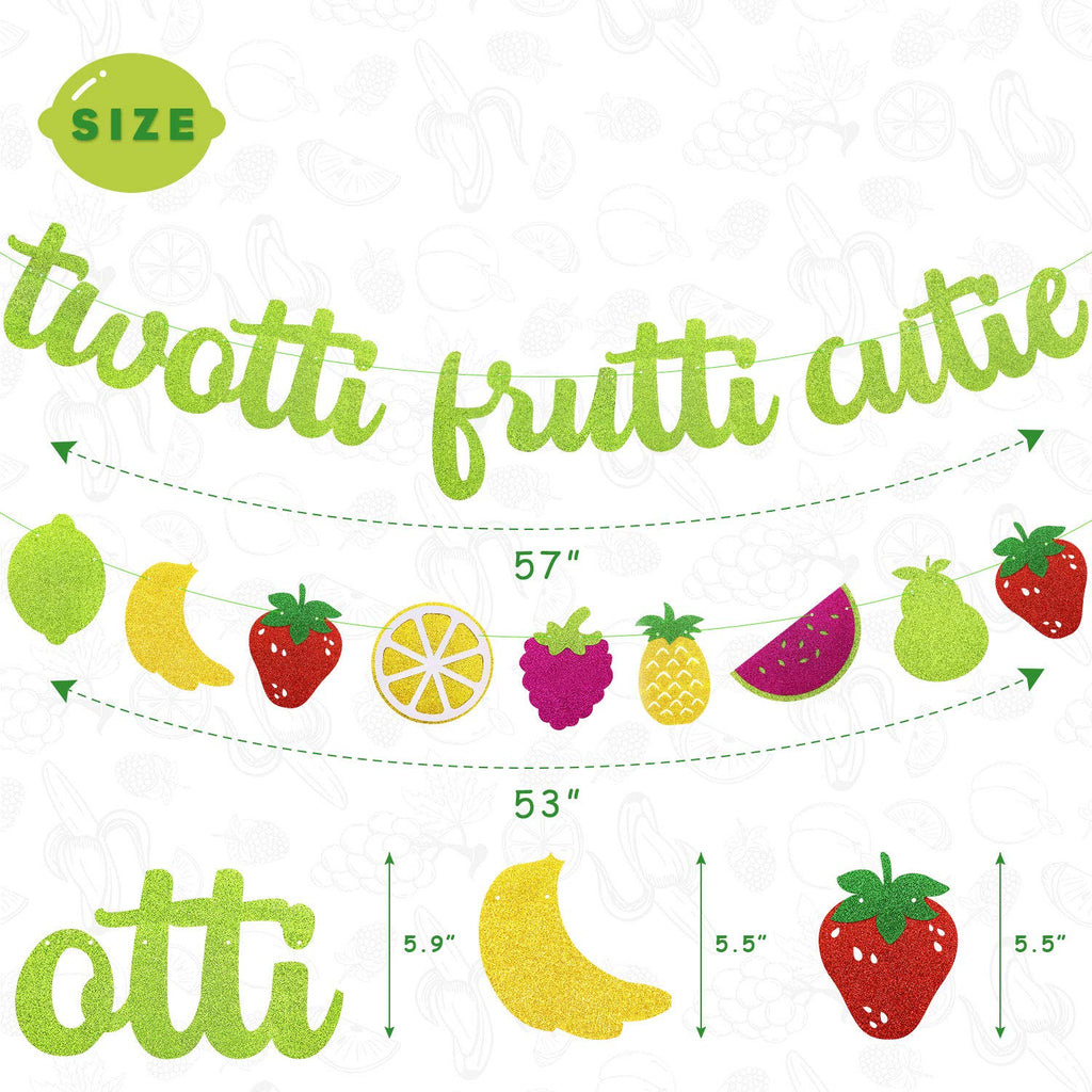 Joymee Twotti Fruit Party Banner Set - Green Glitter 2nd Birthday Decorations with Fruit Garland