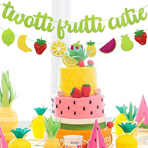 Joymee Twotti Fruit Party Banner Set - Green Glitter 2nd Birthday Decorations with Fruit Garland