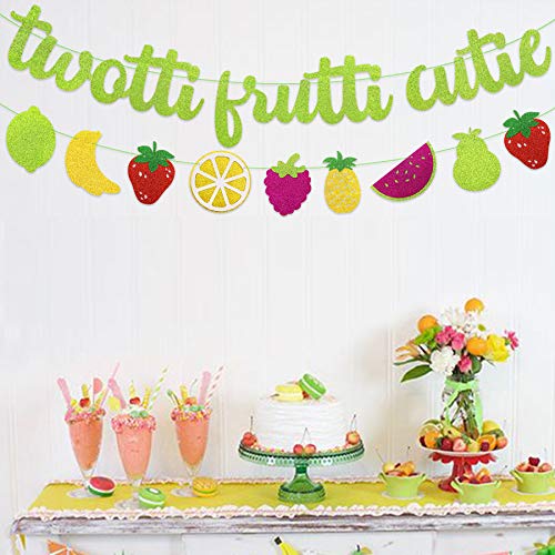 Joymee Twotti Fruit Party Banner Set - Green Glitter 2nd Birthday Decorations with Fruit Garland