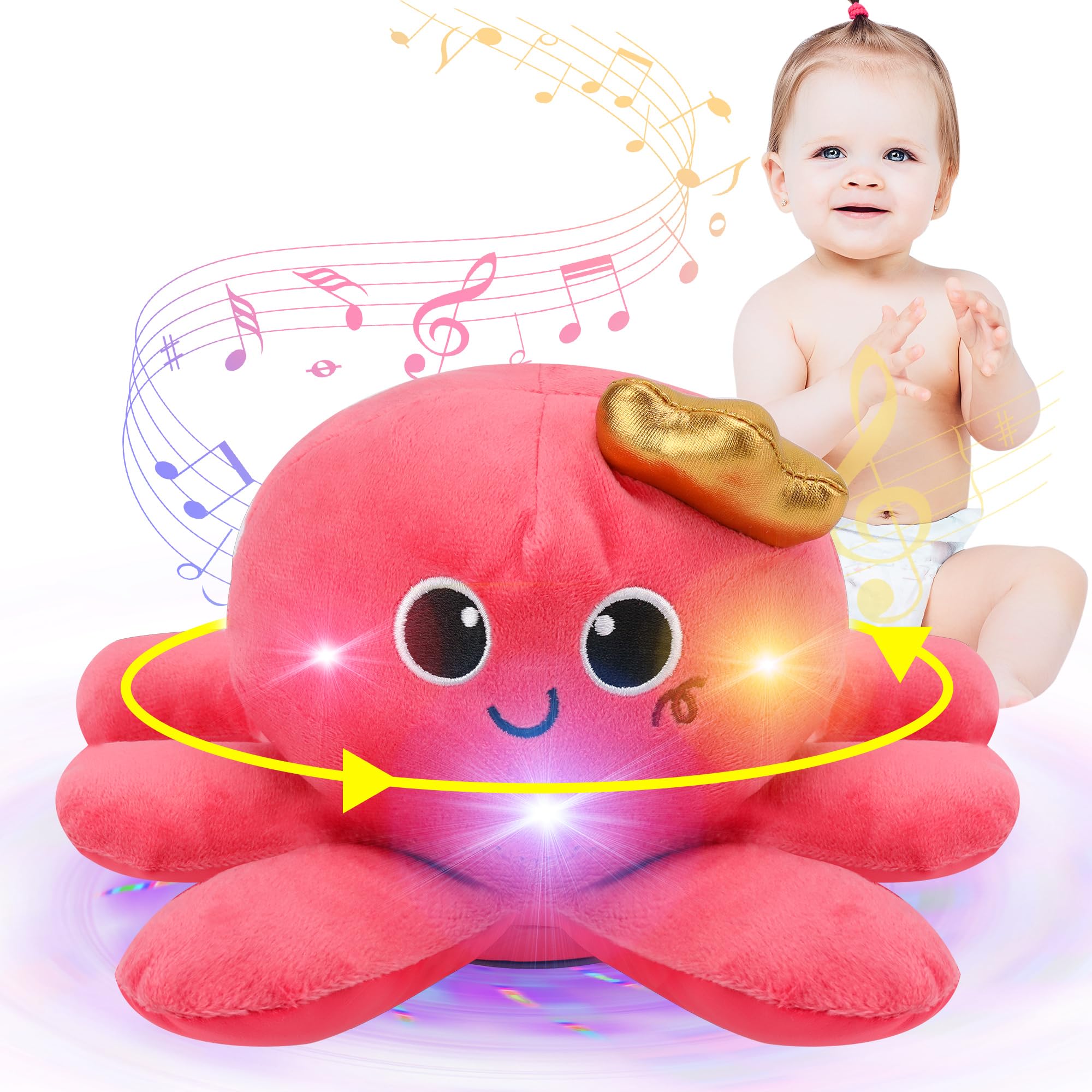 JoyyiKinddy Musical Octopus Baby Toy - Crawling, Rotating, Recording, Light-Up, Voice Control, for 2-6 Year Olds - Tummy Time Sensory Plush